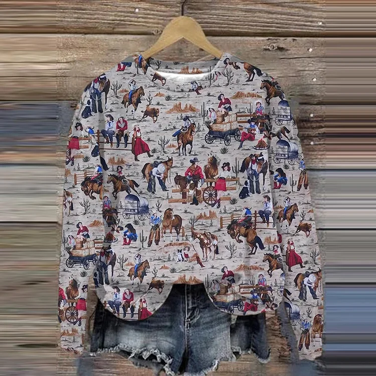 Wearshes Women's Western Horse Printed Retro Casual Sweater