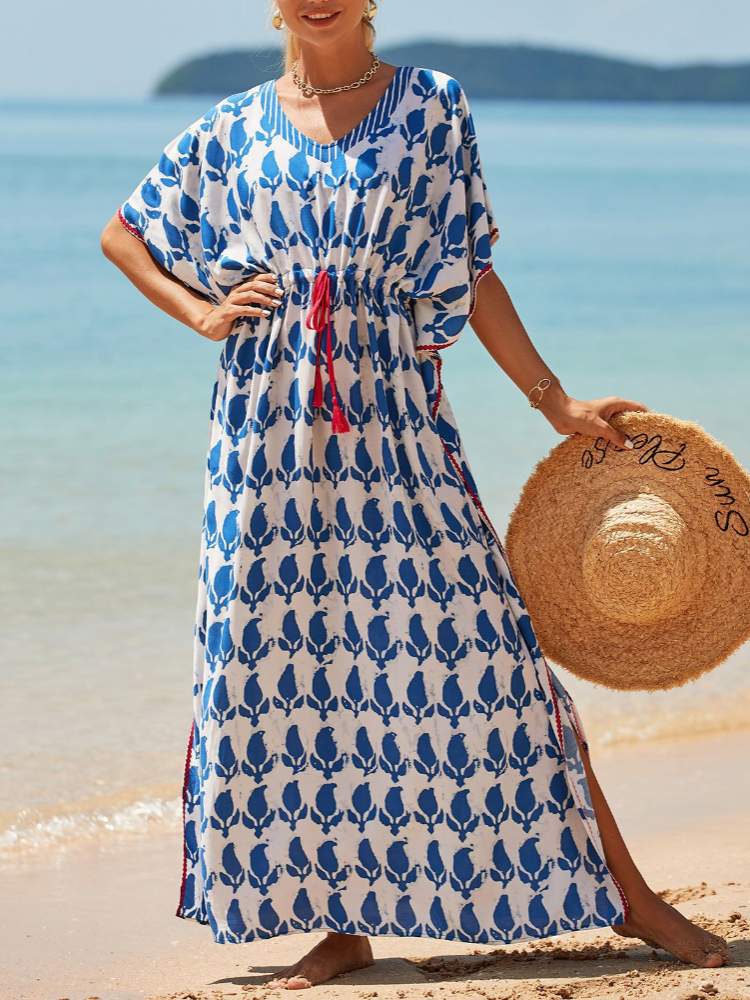 Printed Drawstring Loose-fit Large Size Kaftan Long Holiday Maxigown