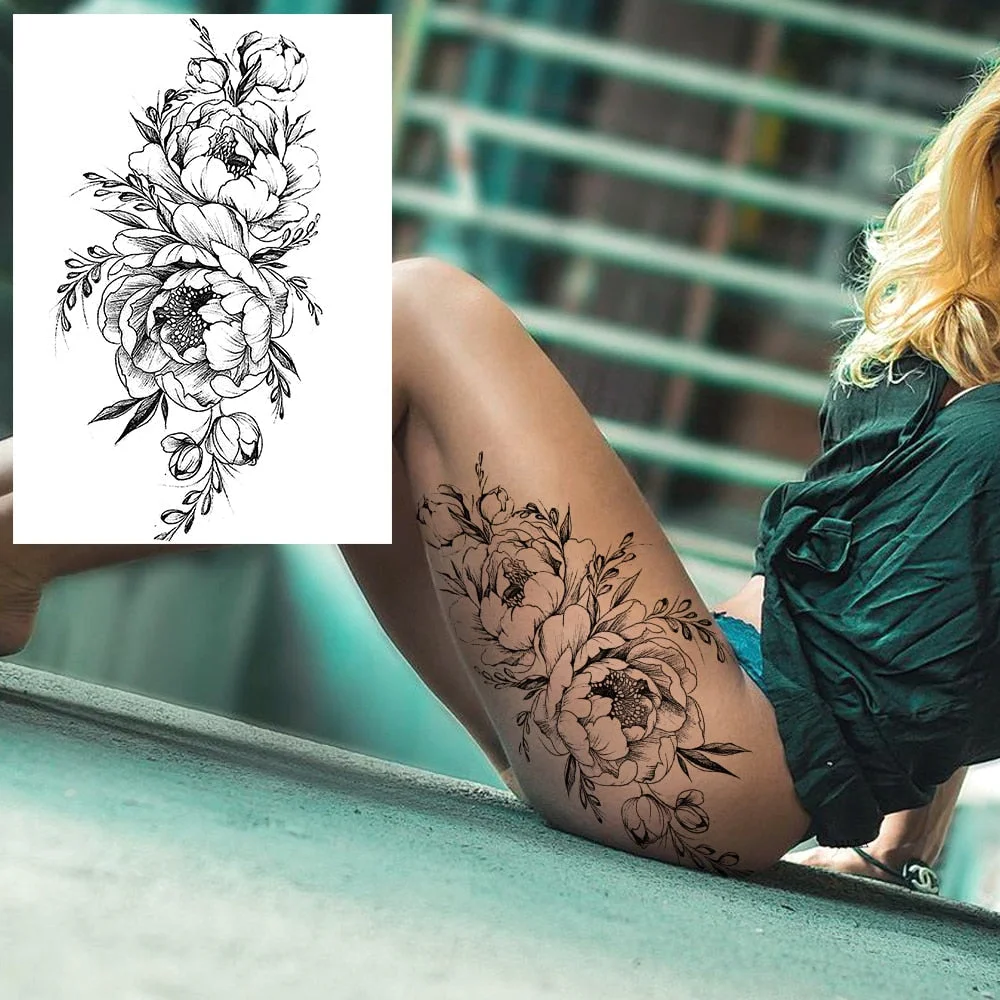 Realistic Sexy Peony Tattoos Temporary Women Adult Flower Arm Tattoos Sticker Waterproof Fake Floral Bloosom Body Leg Art Tatoos 530-1