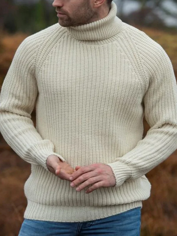 Men's Casual Solid Color Turtleneck Cable Knitted Pullover Sweater