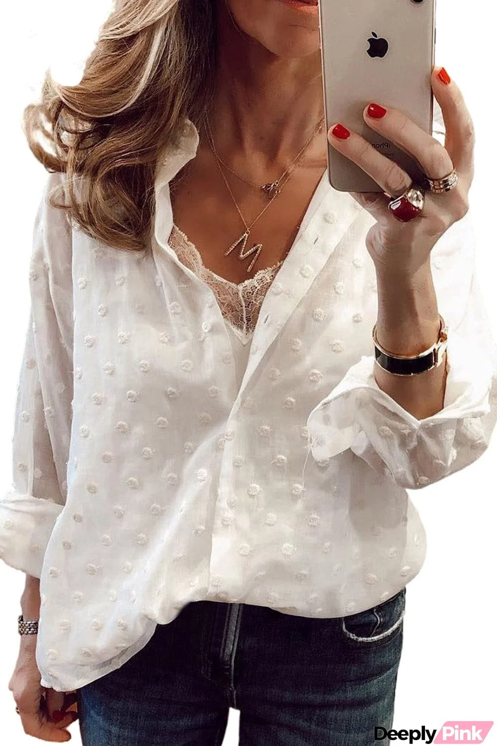 Turn-down Neck Swiss Dot Texture Sheer Shirt