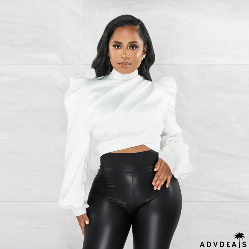 Autumn Women puff sleeve high-neck top