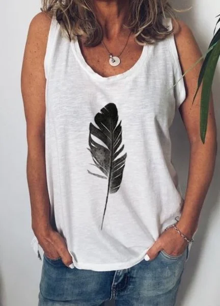 Plus Size Women Sleeveless V Neck Vintage Feather Pattern Casual Tops