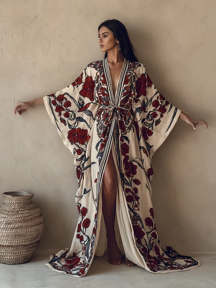 Women's Red Hollyhock Kimono Linen Robe (Including Belt)