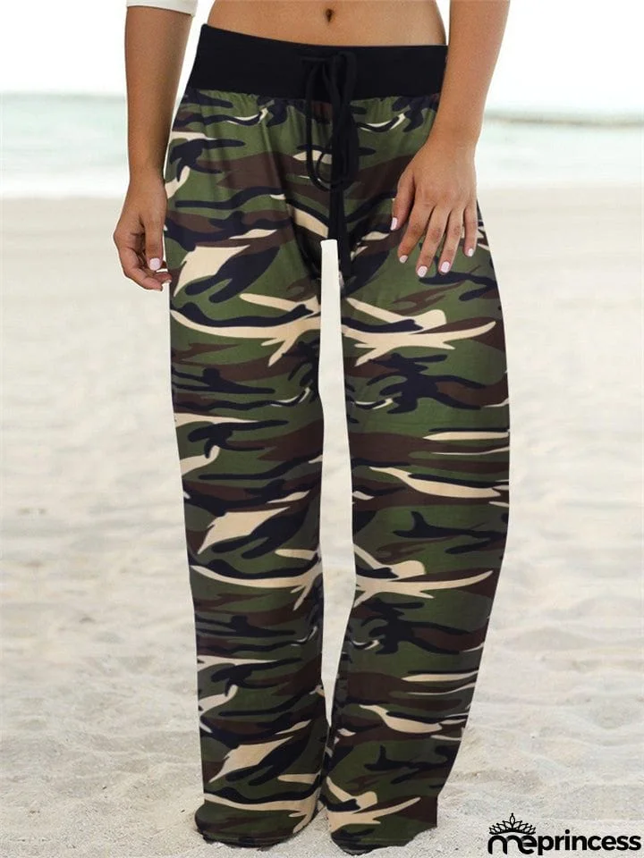 Comfortable Camouflage Print Drawstring Wide-Leg Pants