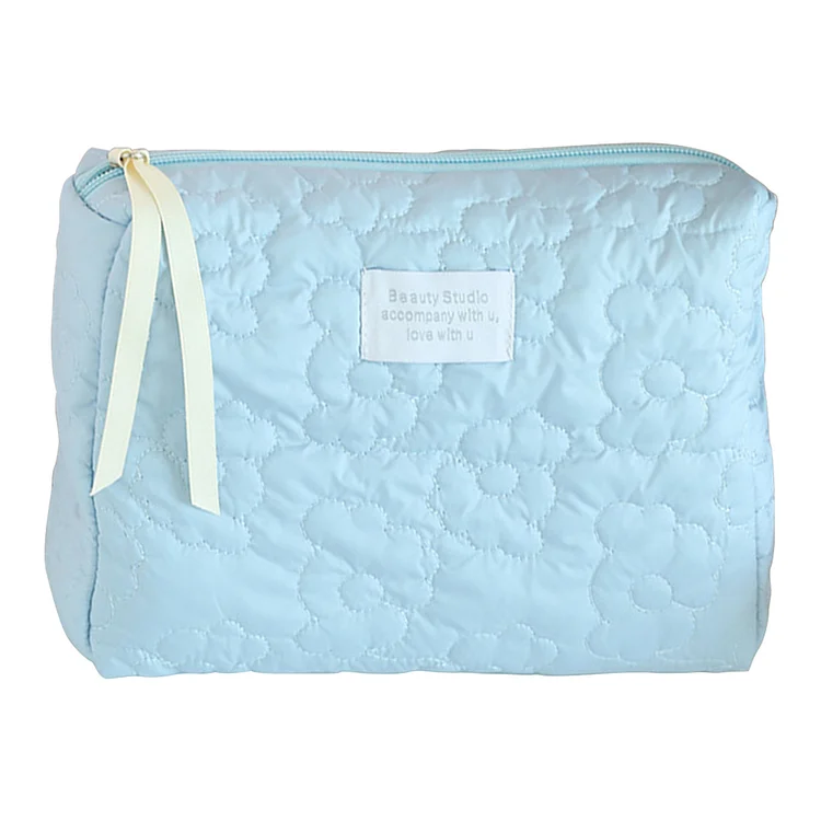 Quilted Flower Cosmetic Bag Cute Storage Bag Large Capacity Soft for Work (Blue)