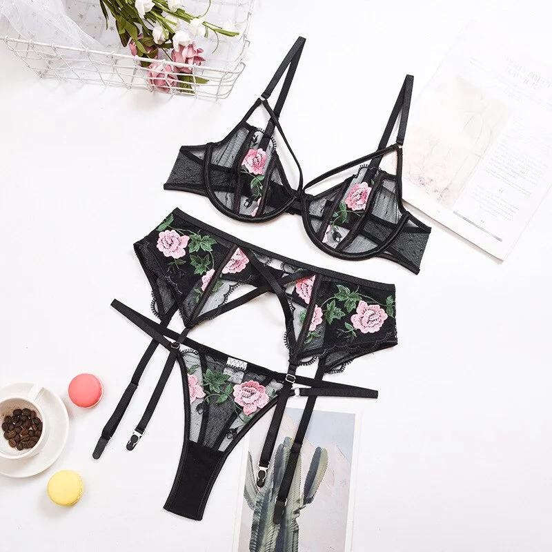 Billionm Floral Embrodiery Lace Lingerie 3 Piece Set Sexy Underwear Women Bra and Panties Sets Bra Lingeries Feminina