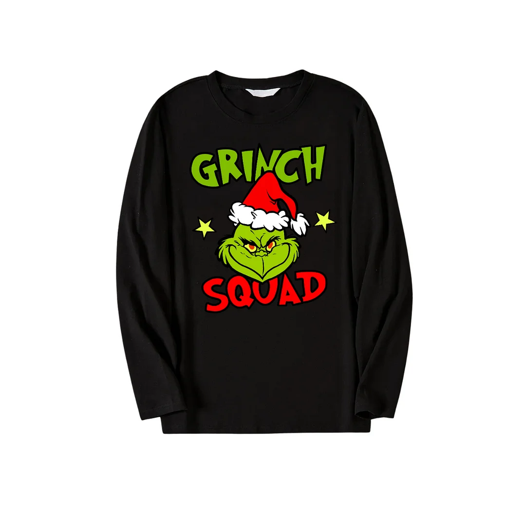 Christmas Cartoon Pattern Print Black Long Sleeve Top with Green and Black Plaid Family Matching Pajamas 2024