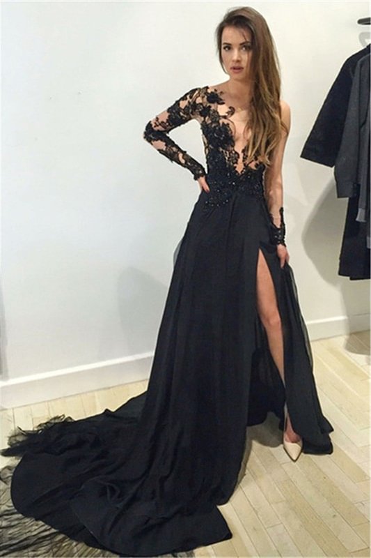 Luluslly Long Sleeves Black Prom Dress Appliques With Slit