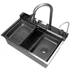 [US Local Warehouse] Stainless Steel Kitchen Sink with Pull-Out Swivel Faucet Double Waterfall Sinks