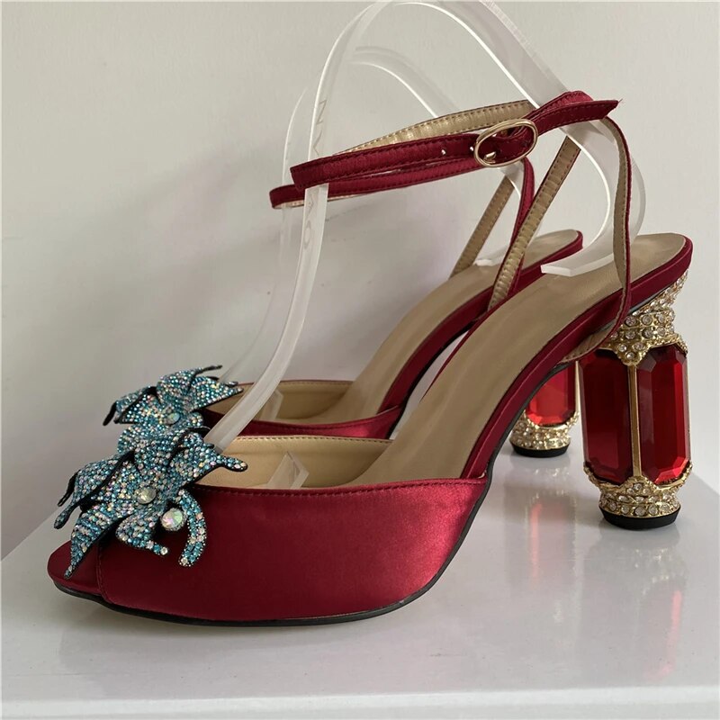 VCSHOES Jeweled Rhinestone Flower Ankle Strap Sandals Women Diamond High Heel Satin Peep Toe Party Shoes