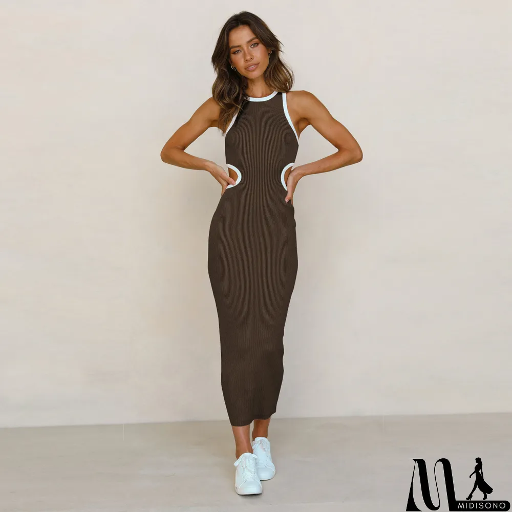 MidiSono - Fashionable round neck pullover tight hollow open back sexy racer dress bodycon midi skirt