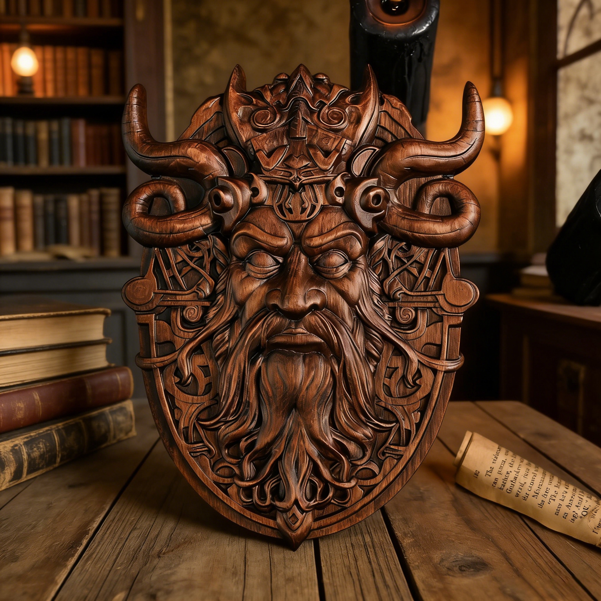 Nordic Viking Mask Hand-Carved Wooden Wall Hanging