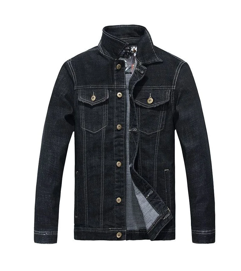 Men Cotton Black Button Design Denim Jacket