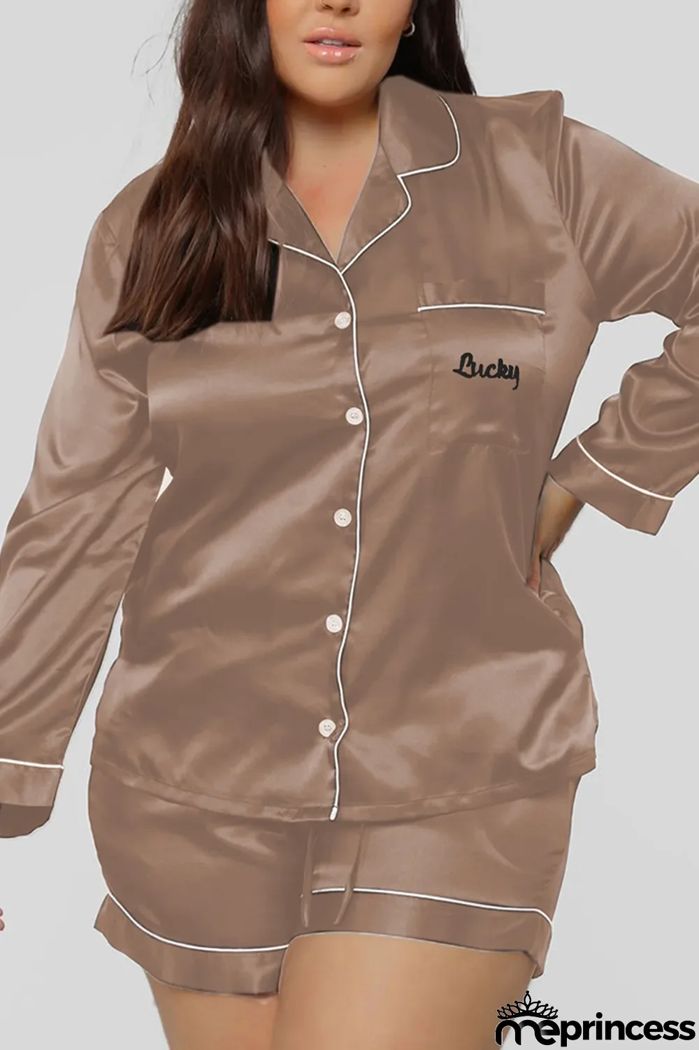 Light Brown Casual Living Solid Embroidered Turtleneck Long Sleeve Two Pieces