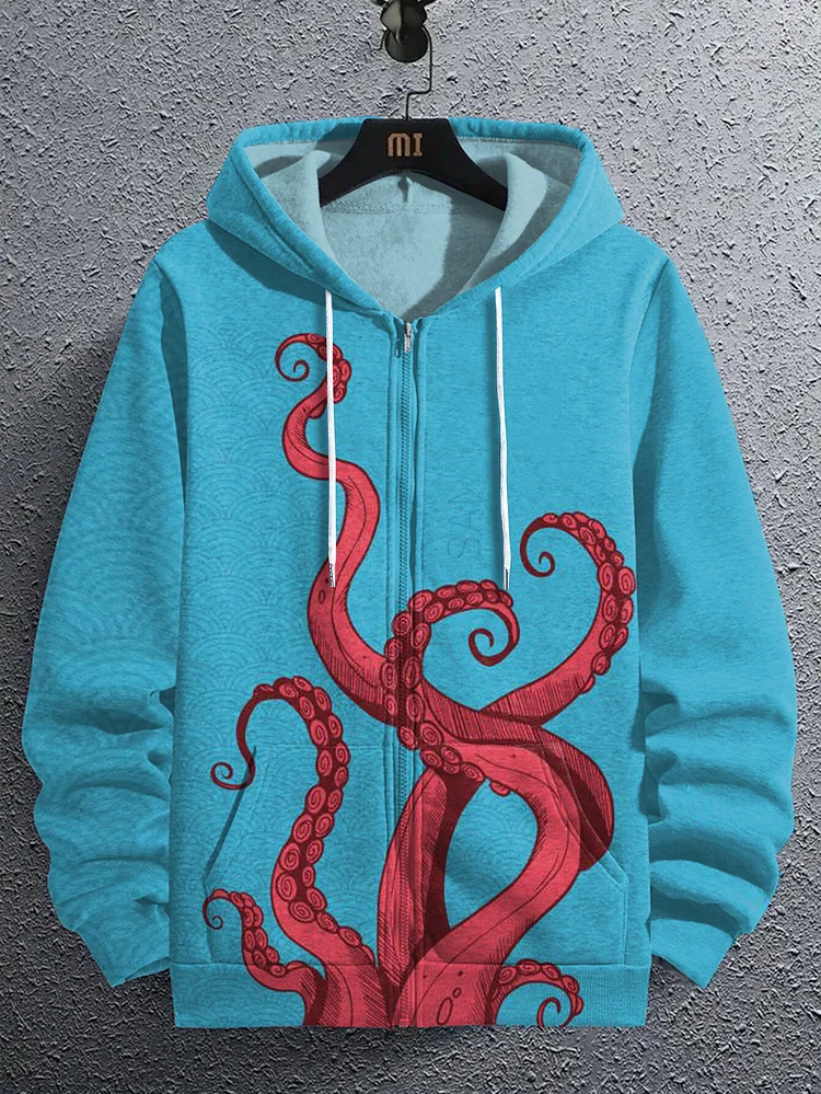 Men's Octopus Tentacles Graphic Print Hooded Zip Up Jacket