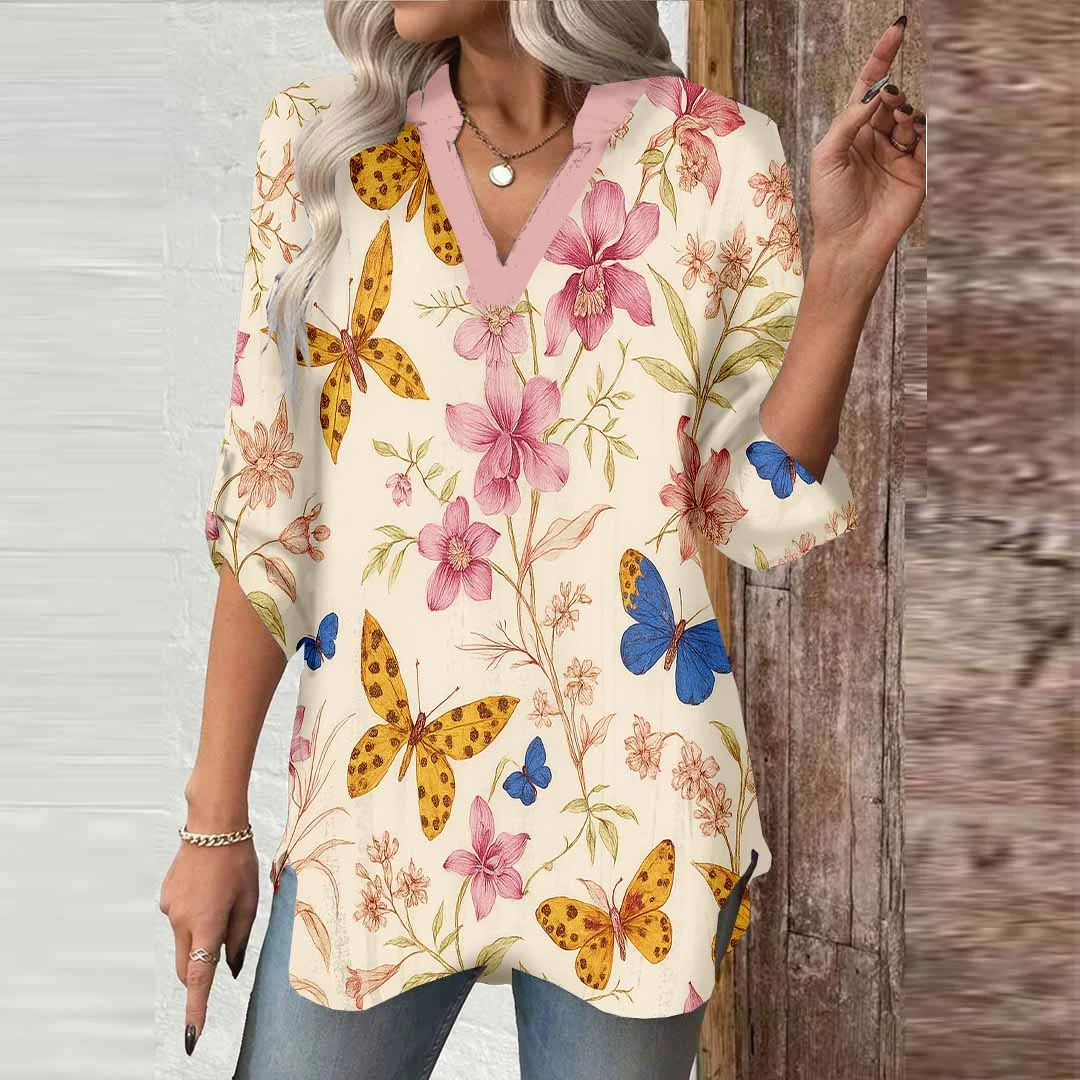 Women Butterfly, Floral, Yellow DZGA0199 3/4 Sleeve V-neck Printed Graphic Button Tops