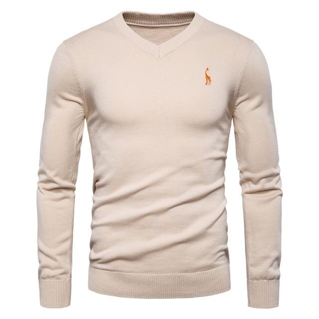 Autumn Winter Brand Quality 100% Cotton Mens Sweaters V Neck Pullovers Men Solid Embroidery Sweater | EGEMISS