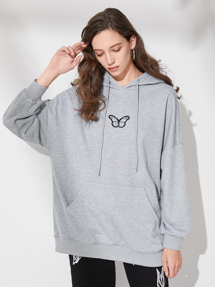 Butterfly Kangaroo Pocket Drop Shoulder Loose Hoodie - Shop Trendy Women's Clothing | LoverChic