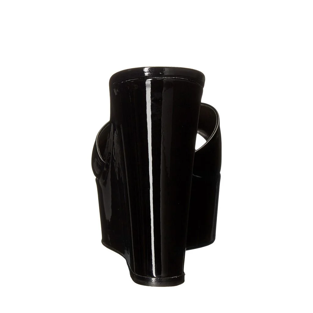 Patent Leather Round Toe Wide Band Wedge Heel Platform Mules in Black