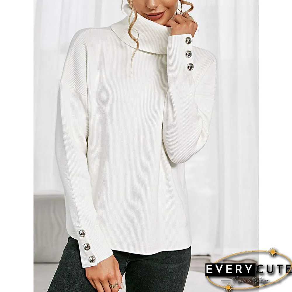 White Turtleneck Button Cuff Long Sleeve Knit Sweater
