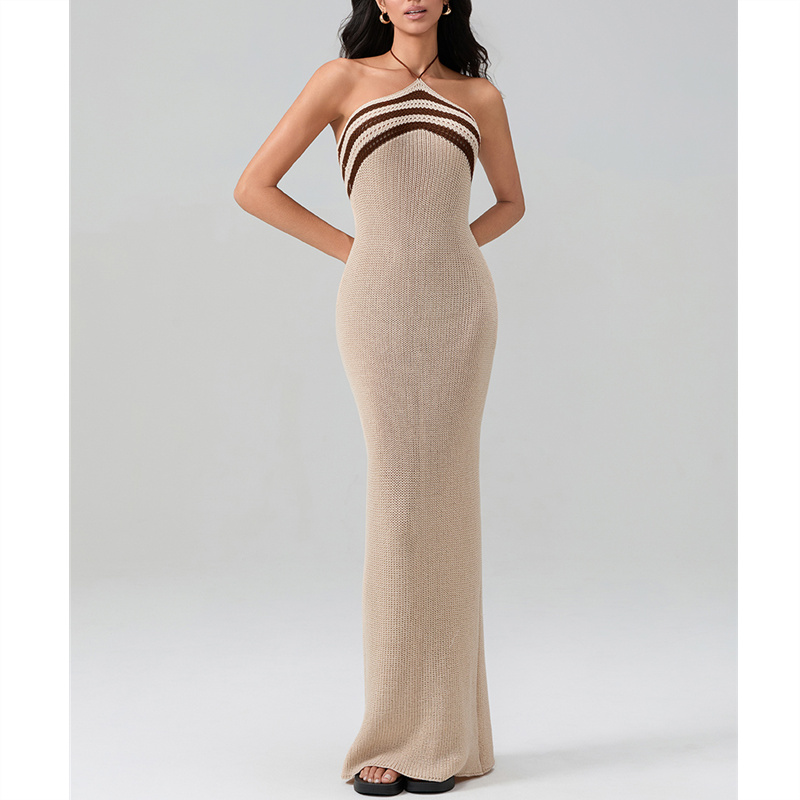 Slimhernow Spring Beach Outfits Crochet Halter Dress 2024 Women Summer Striped Sleeveless Backless Knitted Long Dresses  