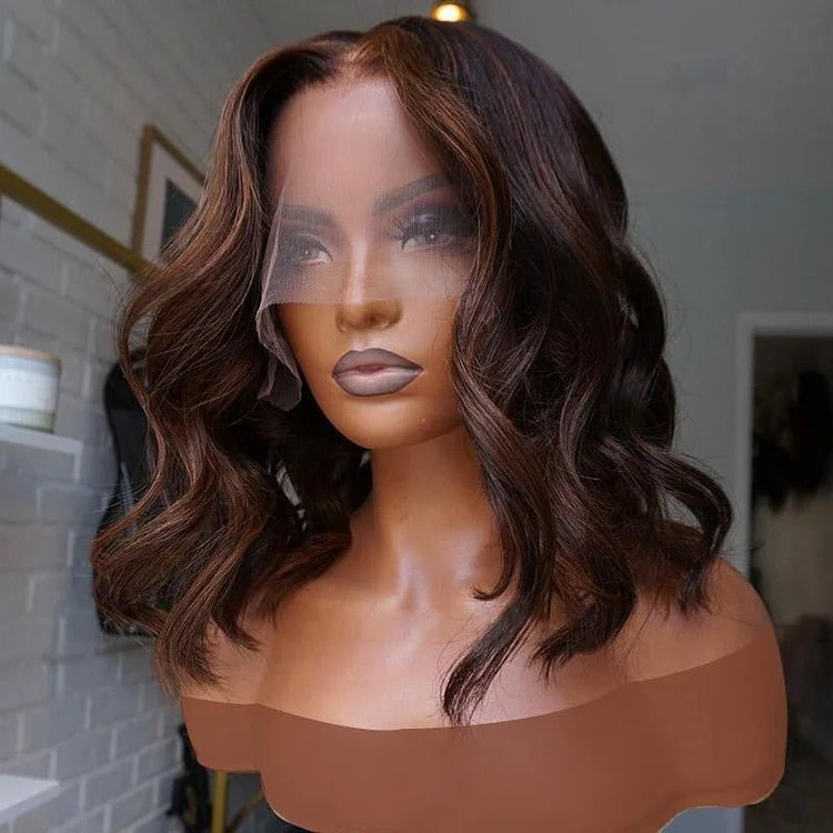 Honey Brown Highlights Colored Wave Bob Lace Front Wig