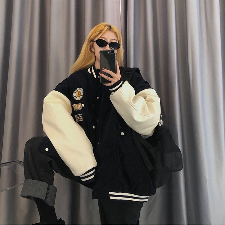 Contrasting Color Stitching Baseball Uniform Women Couple Students Spring Autumn New Retro Jacket Corduroy Coat Tide 31 - BlackFridayBuys