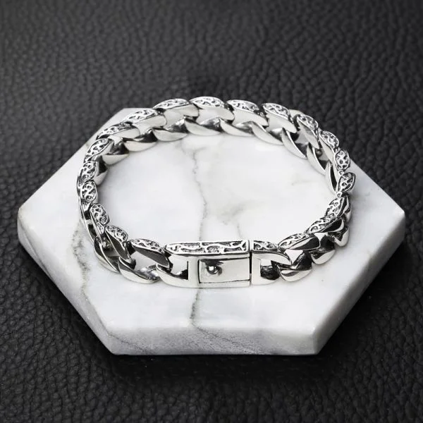Sterling Silver Ivy Rimmed Curb Chain Bracelet