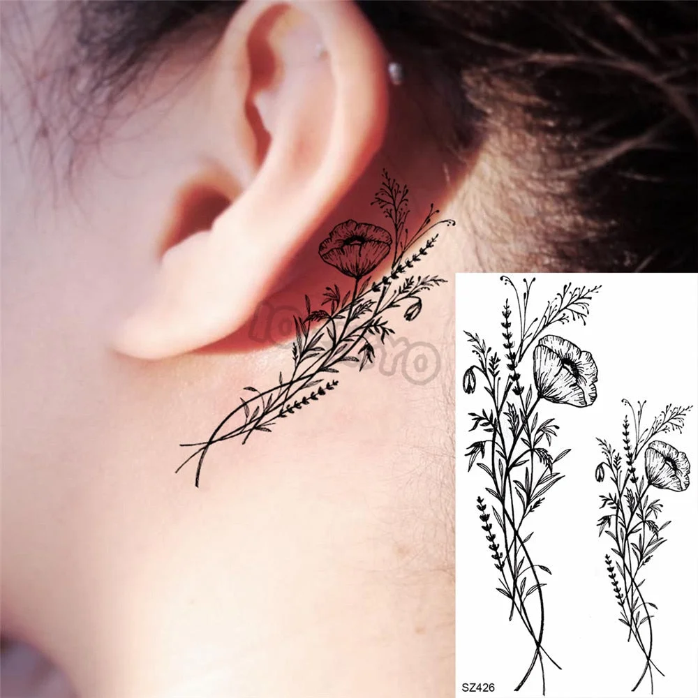Black Pencil Sketch Henna Lotus Temporary Tattoos For Women Girls Realistic Planet Dandelion Fake Tattoo Sticker Back Arm Tatoos