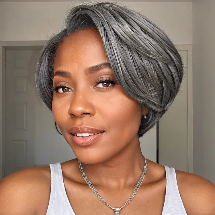 Salt & Pepper Boss Look | Short  Pixie Cut 5x5 Frontal Lace C Part Wig