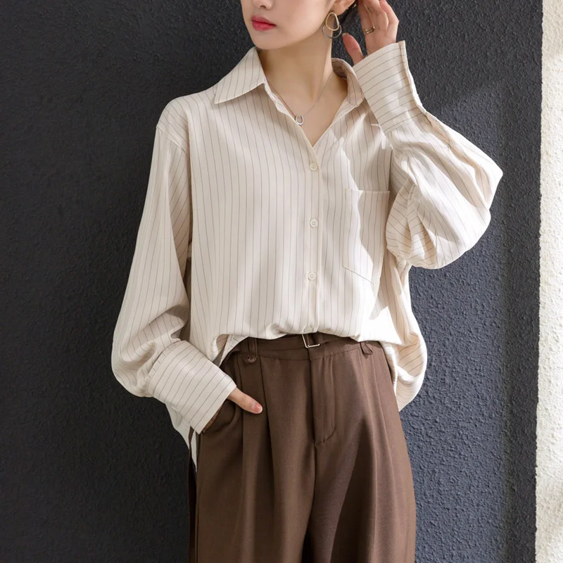 Toloer French Long Sleeve Striped Shirt Coat Female 2025 Spring Design Sense Niche Retro Top With A Bottom Shirt-Outfit Ideas