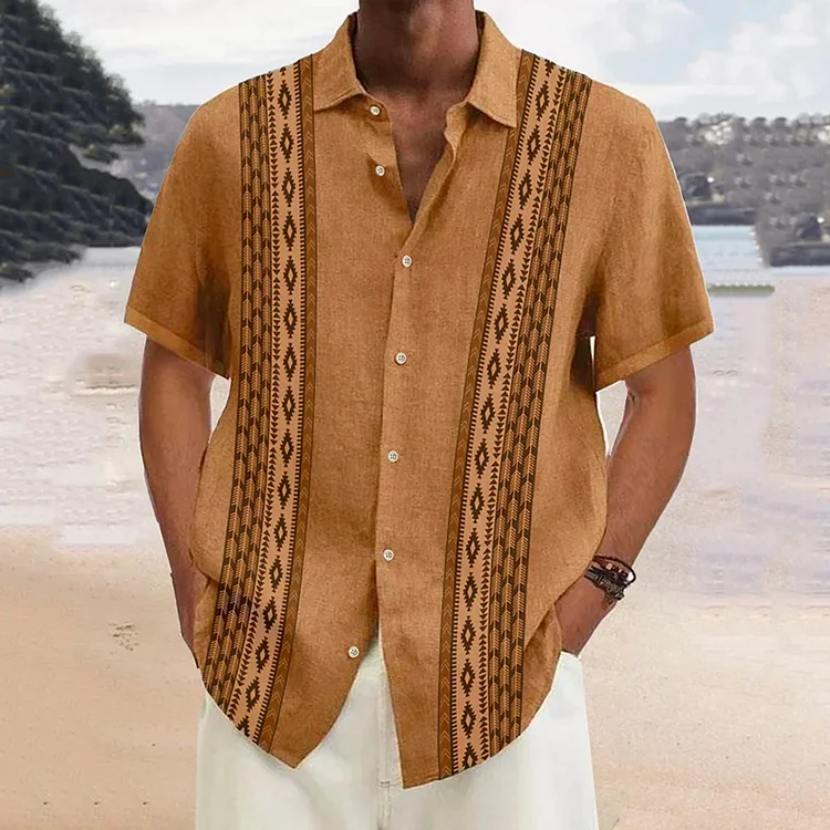 BrosWear Ethnic Aztec Pattern Retro Bowling Shirt Oversized Vacation Aloha Shirt
