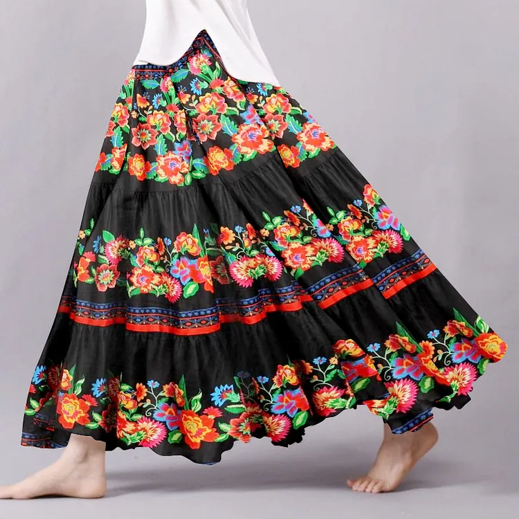 Vintage Cinco De Mayo Traditional Mexican Chiapaneco Floral Embroidered Pattern Flowy Wide Skirt
