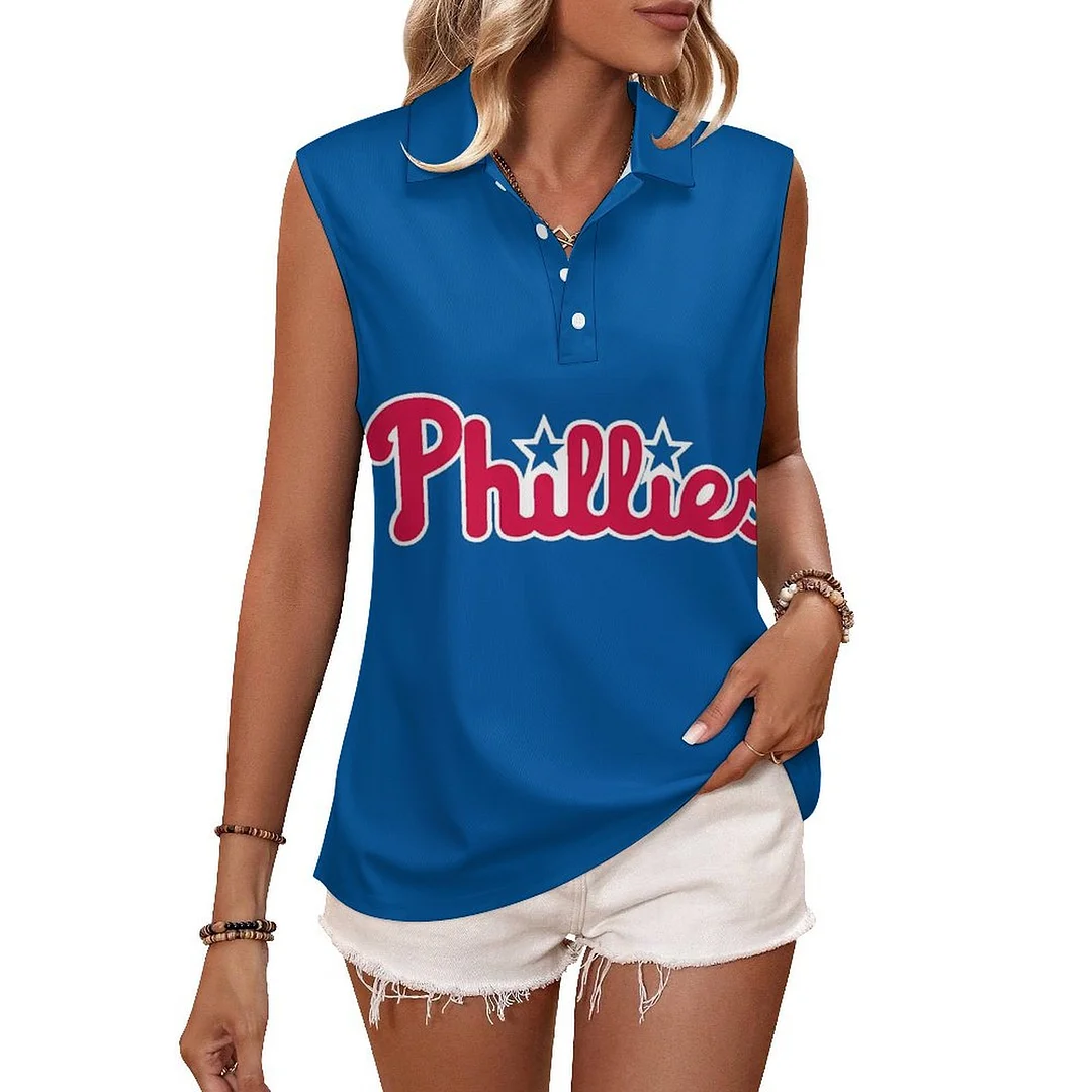 V-neck Sleeveless Casual POLO Shirt Tank Top for Women Printed with Pattern Philadelphia Phillies, Blue, Red