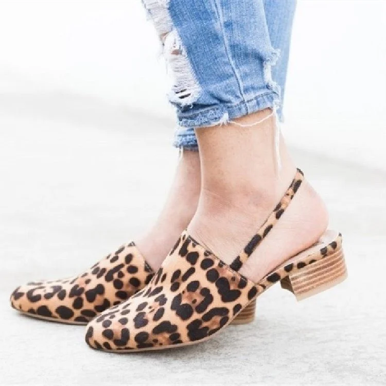 Leopard print pointed toe thick low heel ladies sandals