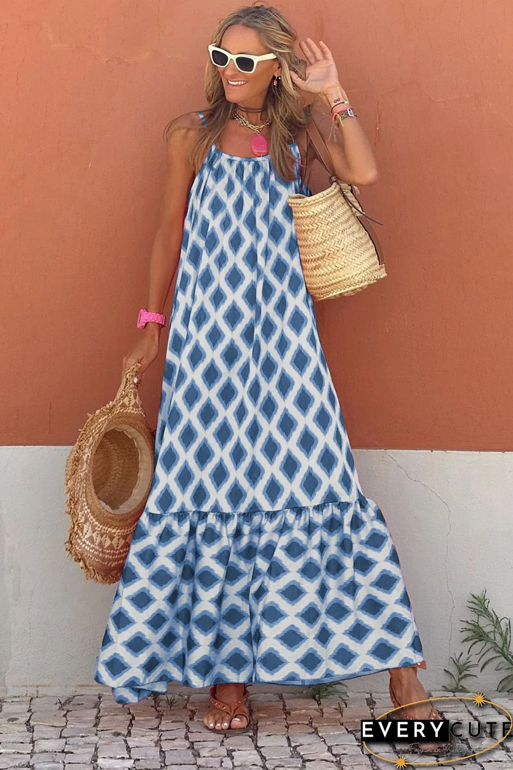 Blue Geometric Print Loose Fit Sleeveless Maxi Dress