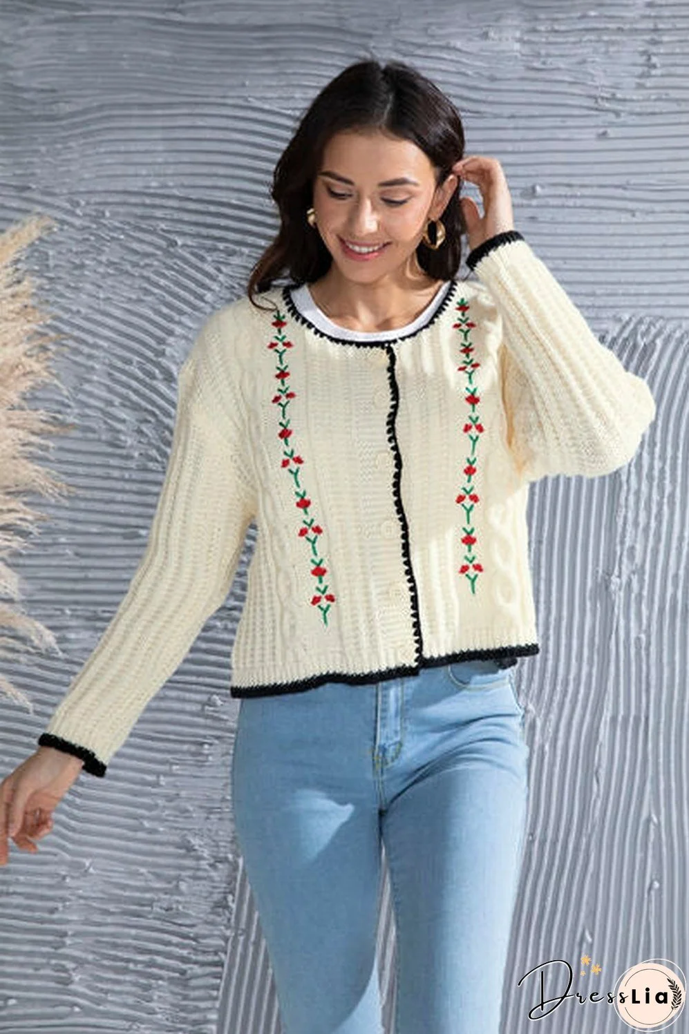 Graphic Cable-Knit Button Up Cardigan