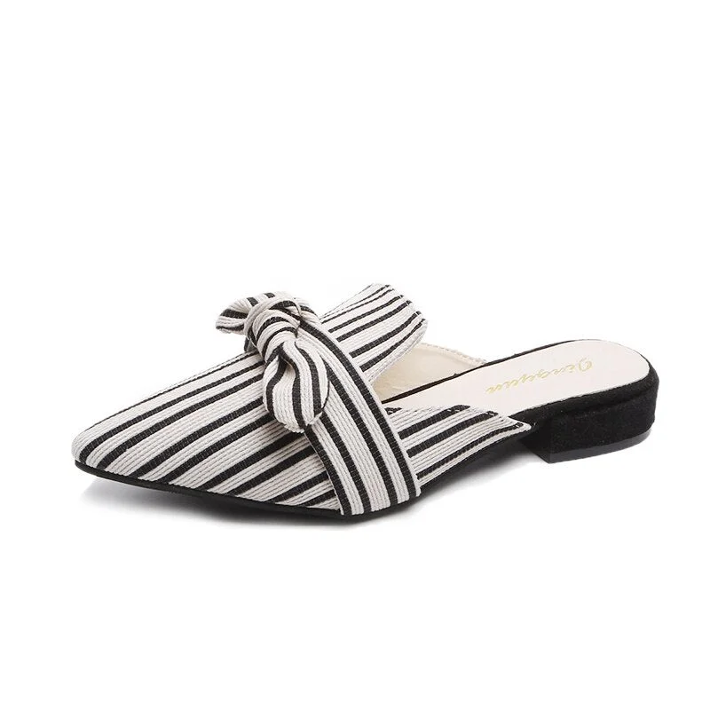 2021 New Women Slippers Muller Shoes Striped Bow Design College Style Female Foot Office Gentlewoman Casual Slippers Women Shoes