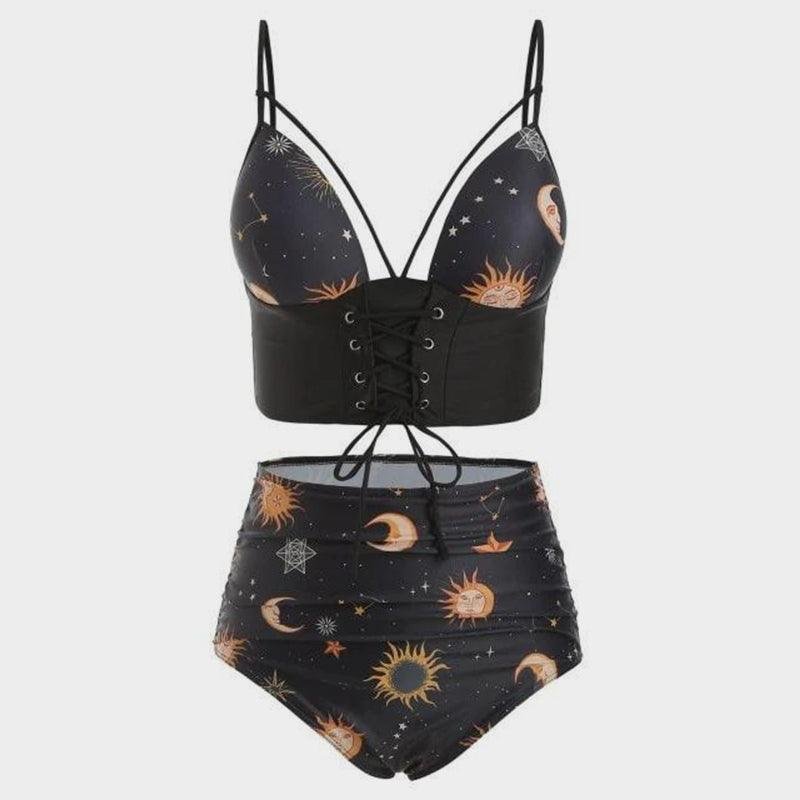 Lace Up Ruched Sun And Moon Tankini Swimsuit Set