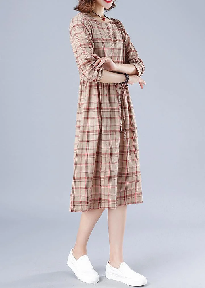 Natural Green Plaid Dresses O Neck Drawstring Knee Spring Dress