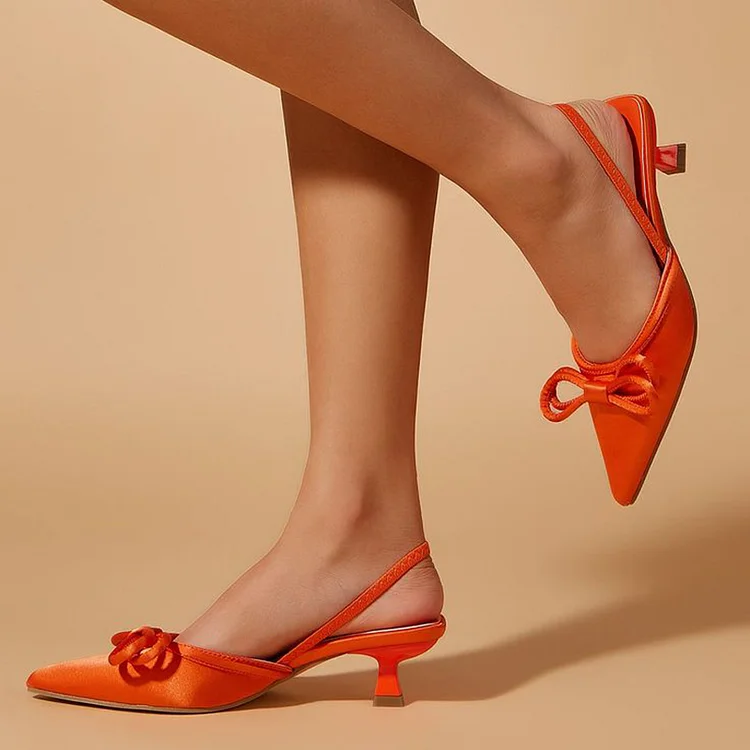 Orange Satin Kitten Heels Classic Pointed Toe Bow Slingback Pumps |FSJ Shoes