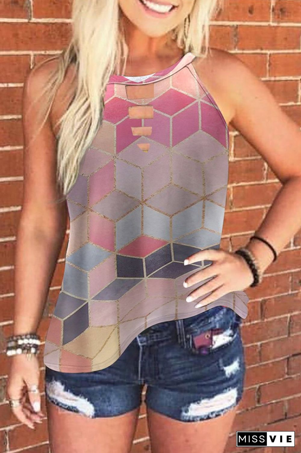 Geometric Pattern Halter Cutout Vest