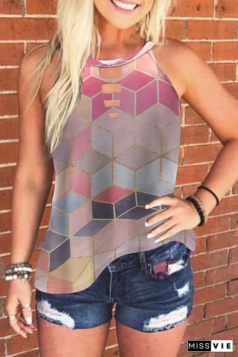 Geometric Pattern Halter Cutout Vest