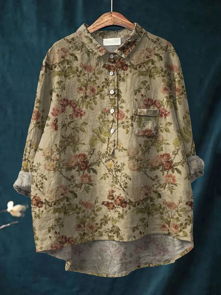 Women's Retro Floral Art Print Casual Cotton And Linen Shirt