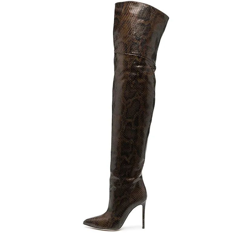 Women‘s Ladies Pointed Toe Plus Size Snake Print Fashion Sexy Thigh High Boots Novameme