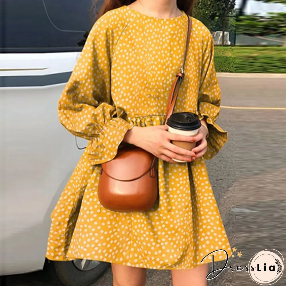 Womens Fashion Small Fresh Long Sleeve Neck Dress Early Autumn Dot Print Mini Ladies