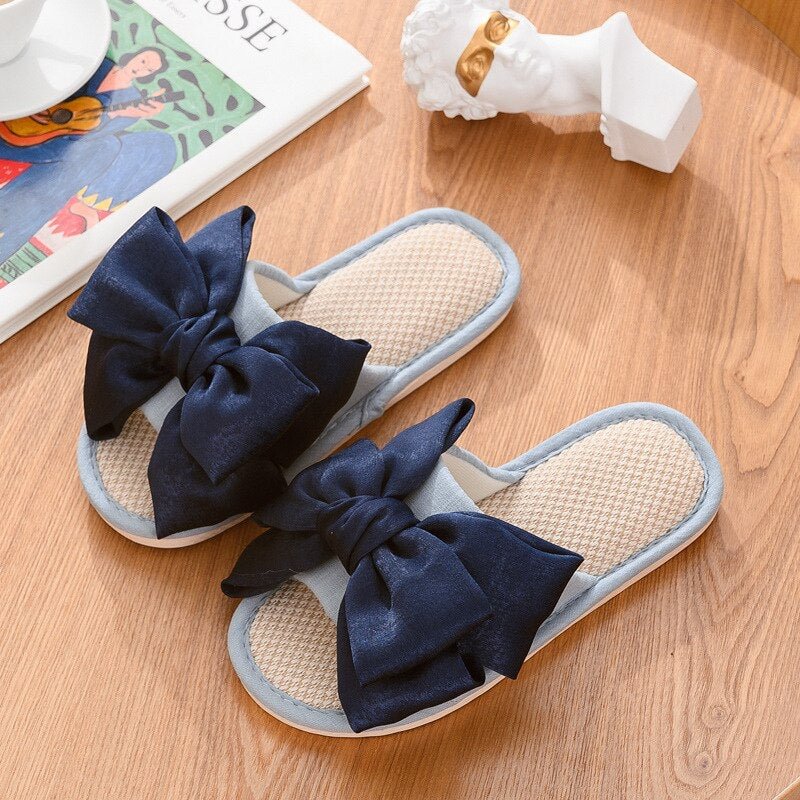 Canrulo 2021 New Home Linen Slippers 2021 Spring and Summer New Breathable Indoor Fabric Slippers Love Big Bow Slippers Female