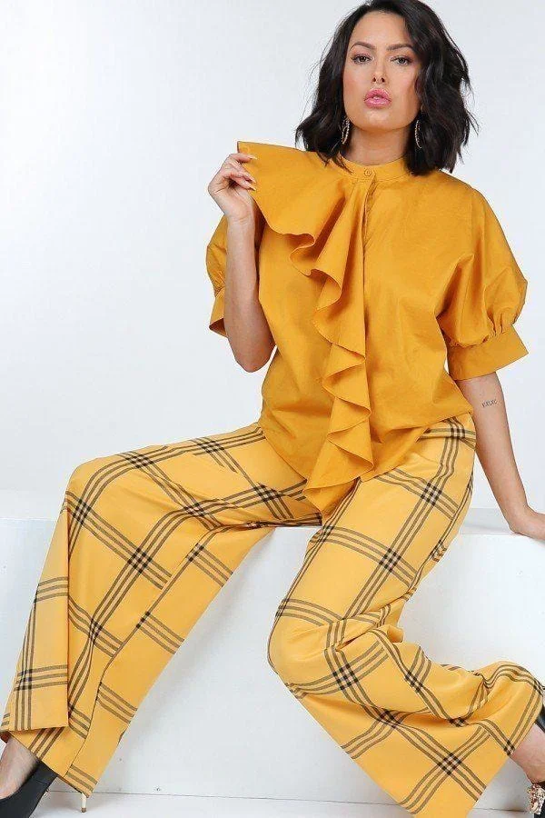 High Waist Plaid Print Wide Leg Pants - Golden Yellow/Black