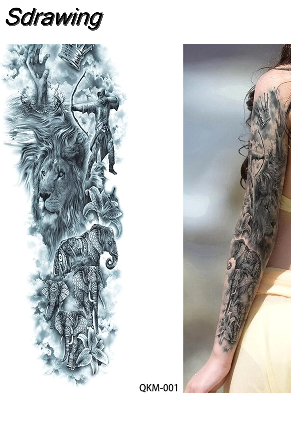 Sdrawing Full Arm Tattoo Lion Crown King Rose Waterproof Temporary Tatoo Sticker Wild Wolf Tiger Men Skull Totem Tattoo 430-1
